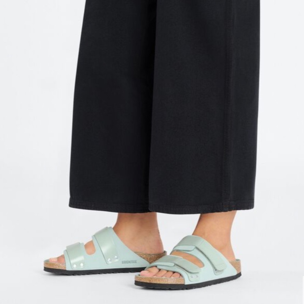 Birkenstock Uji Nubuck Shine Leather Straps Adjustable Slide Sandals Surf Green